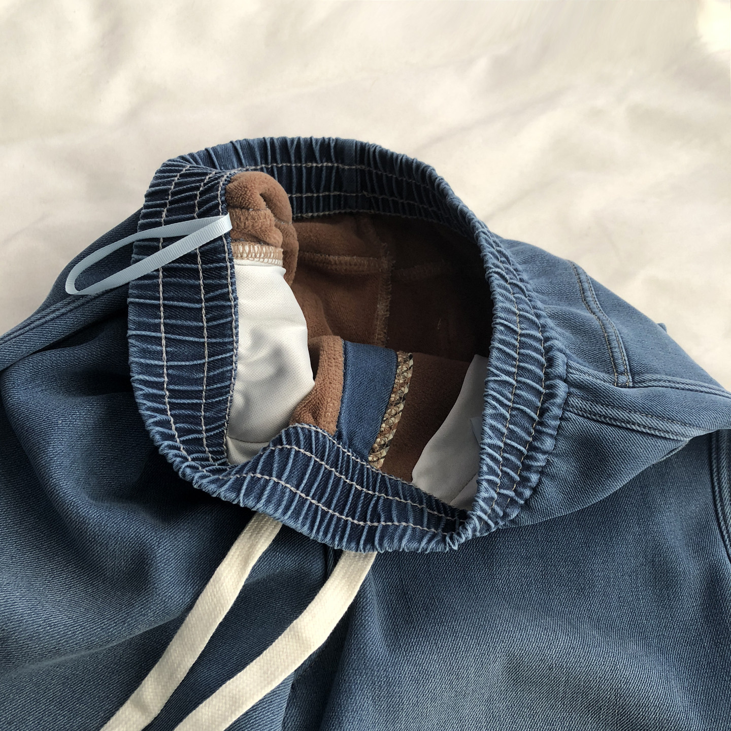 莱赛尔 水洗BF牛仔蓝加绒加厚弯刀阔腿裤复古立体拼接直筒休闲裤,淘宝优惠券,粉丝福利购,淘宝优惠卷