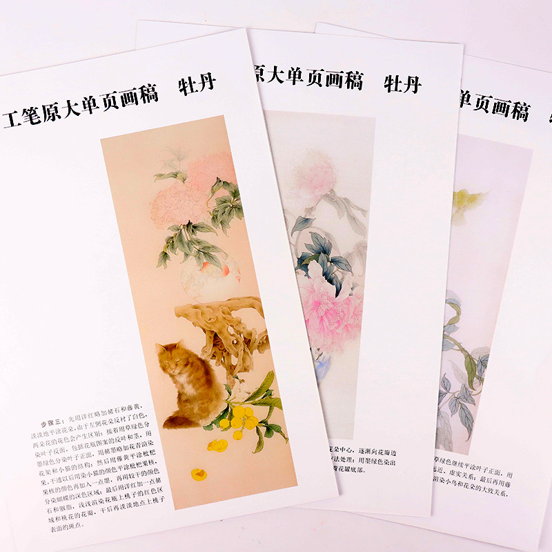 工笔画临摹画稿墨点美术书教材工笔原大单页画稿牡丹荷花虫蝶动物仕女图白描画谱初学者零基础线描临摹画册国画入门基础教程书
