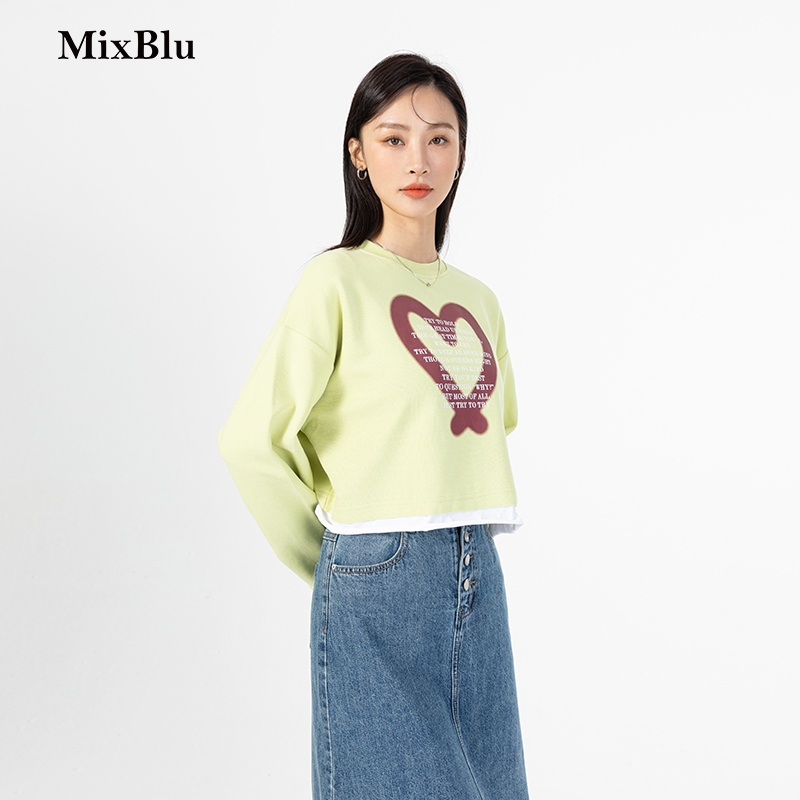 Mixblu浅绿假两件卫衣女小个子2024夏季新款时尚印花字母套头上衣