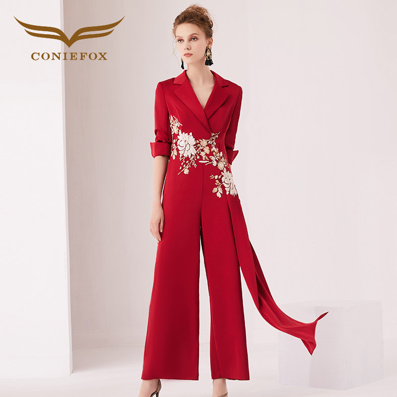 创意狐红色连体裤女婚宴高级职业装女裤子高腰阔腿裤长裤正装裤子,淘宝优惠券,粉丝福利购,淘宝优惠卷