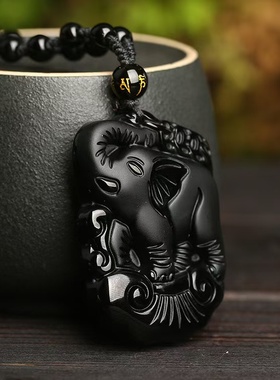 象运泰顺黑曜石大象玉石吊坠 男女款吉祥如意小象玉坠项坠