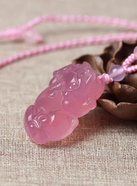 天然冰种粉玉髓紫玉髓貔貅一举得宝貔貅运财吊坠粉水晶 项链男女