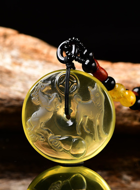 黄水晶三合寅午戌吊坠属虎肖虎翡翠天禄多财如意挂项链虎形狗形