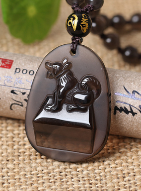 犬来显达吊坠生肖属兔2026年吉祥物吊坠冰晶黑曜石项链