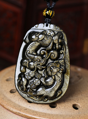 双貔貅吊坠男天然黑曜石貔貅项链女项坠金曜石貔貅挂件本命年挂坠