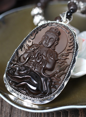 冰种黑曜石925银属猴守护神吊坠