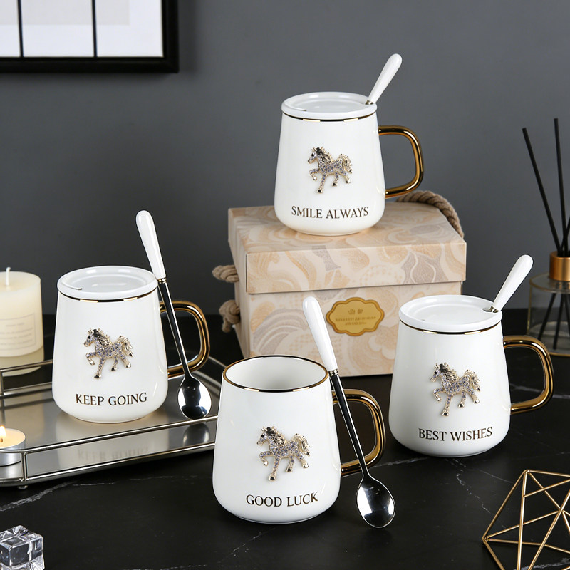 马年镶钻高颜值陶瓷水杯家用大容量马克杯带盖勺咖啡杯子新年礼物,淘宝优惠券,粉丝福利购,淘宝优惠卷
