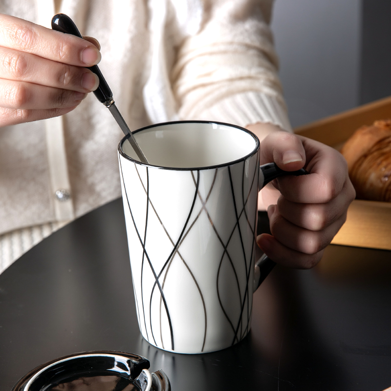 创意陶瓷杯子简约水杯家用大容量马克杯带盖勺个性潮流咖啡杯茶杯-图1