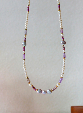 原创银灰色炫彩淡水珍珠串珠项链女百搭高级感简约轻奢复古锁骨链