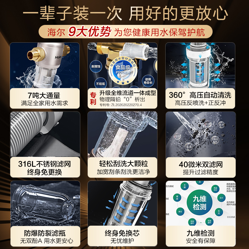 海尔全屋自来水前置过滤器家用反冲洗全铜净水器中央净水机滤水器 - 图3