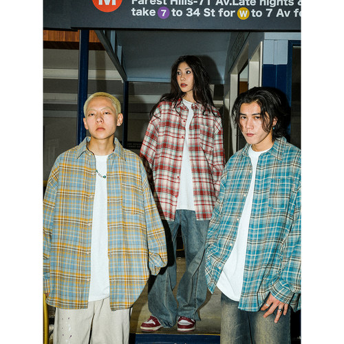 清MANYSTON美式复古格子衬衫男夏季纯棉休闲衬衣外套痞帅炸街寸衫 - 图1