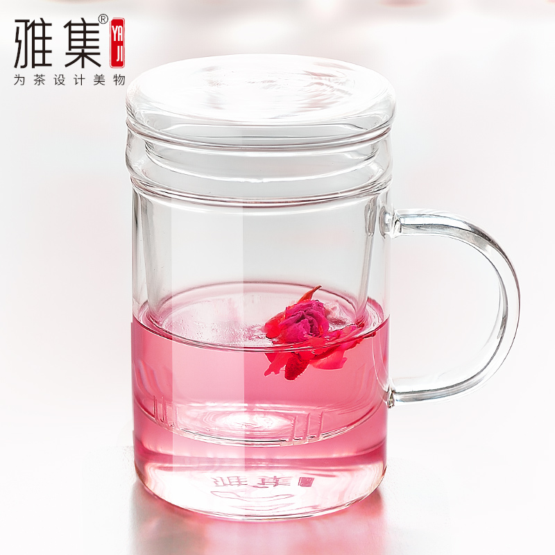 雅集獨享杯玻璃杯帶把帶蓋花茶杯透明過濾水杯辦公泡茶綠茶水杯子