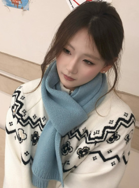 SLN 秋冬新款长方形蓝色纯羊毛针织围巾女保暖交叉围脖高级感围巾