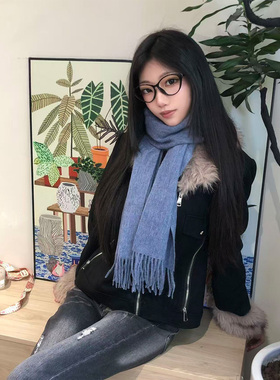 SLN蓝色羊毛围巾女冬季保暖流苏披肩高级感氛围感围脖简约纯色