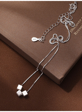 s999纯银拉丝小方糖项链女轻奢极简小众高级感几何方块锁骨链项饰