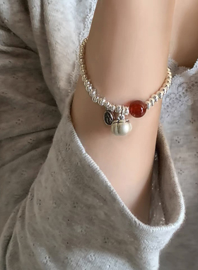 S999纯银同款柿如意红玛瑙手链女新中式复古重工百搭圆珠正品