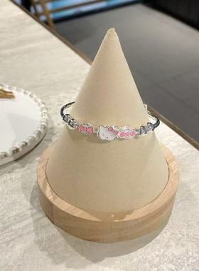 足银999.9 滴胶KT猫串珠中童手镯纯银镯子宝宝满月周岁礼物女款kt