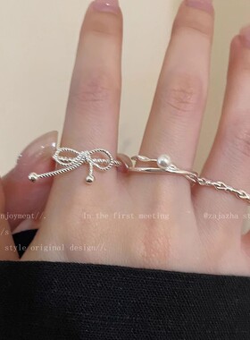 韩系银色蝴蝶结珍珠绑带戒指轻奢小众气质开口食指戒网红指环批发