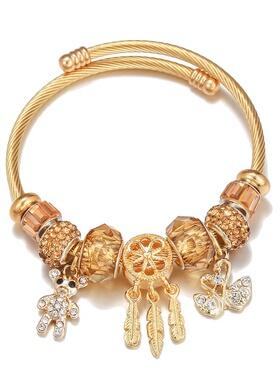 时尚DIY潘家不锈钢手镯 小熊天鹅吊坠金色手环 新款手串手链饰品