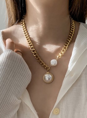 金色粗链大珍珠项链女毛衣链