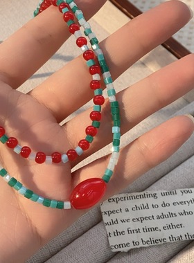 蓝色天然石红玛瑙串珠项链女