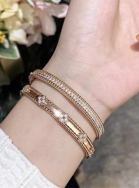 轻奢珠边手镯女单排满钻18K玫瑰金窄版米珠满天星万花筒叠戴百搭