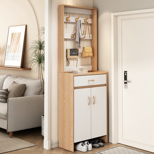 实木鞋柜家用门口大容量门厅柜带衣架白色胡桃色原木色玄关储物柜 - 图1