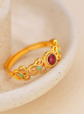 中式复古宫廷风戒指女越南沙金古法拉丝红锆石点缀仿黄金色强保色