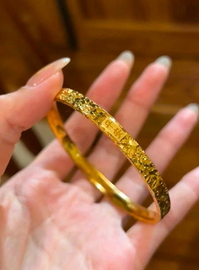 新款沙金爆闪平安招财吉言三面碎冰冰手镯轻奢时尚素圈闭口镯子