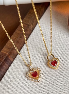 S925纯银项链拉丝工艺爱心形红宝石闪钻轻奢高端小众级设计感颈链