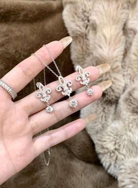 S925纯银项链镶满钻锆石鸢尾花耳环轻奢高端小众级感百搭锁骨颈链