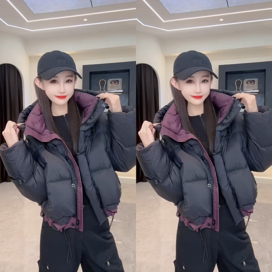 时尚连帽棉服外套2025冬季新款拼接撞色黑加仑休闲洋气面包服棉衣 - 图1