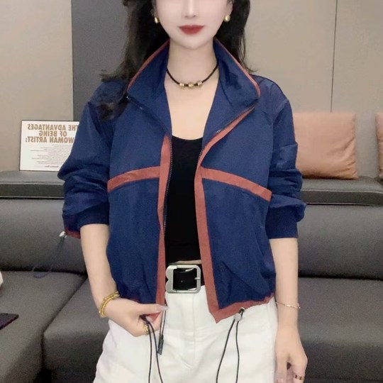 Contrasted color sun protection jacket with hemmed lines and casual short top