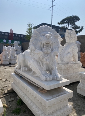 公司大门口欧式石狮子一对两米高汉白玉石雕仿真非洲狮子雕塑大型