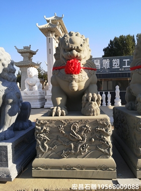 大型石雕狮子一对2米高 公司门口九龙壁浮雕石头狮子祠堂寺庙狮子