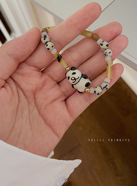 复古新中式天然石陶瓷熊猫手链