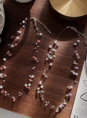 夏日度假风彩色粉色天然石叠戴珍珠项链女高级冷清感锁骨链颈链女