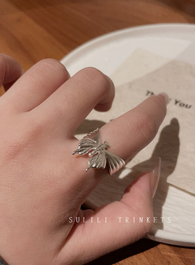 银色蝴蝶开口食指环女冷淡风芭蕾立体感个性高级感戒指百搭潮指环
