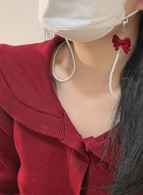 新年红色蝴蝶结圣诞个性少女口罩链防丢眼镜链耳机链时尚珍珠项链