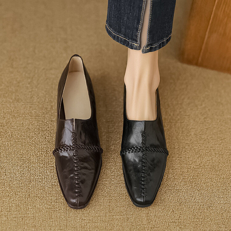 法式复古小方头粗跟单鞋女中跟2024春秋懒人乐福鞋羊皮深口小皮鞋,淘宝优惠券,粉丝福利购,淘宝优惠卷