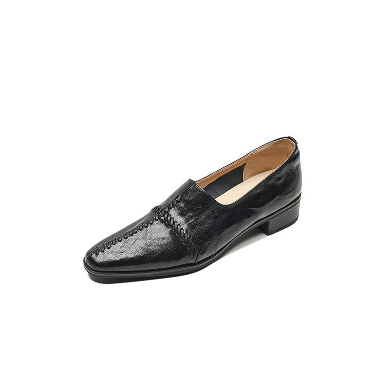 法式复古小方头粗跟单鞋女中跟2024春秋懒人乐福鞋羊皮深口小皮鞋,淘宝优惠券,粉丝福利购,淘宝优惠卷