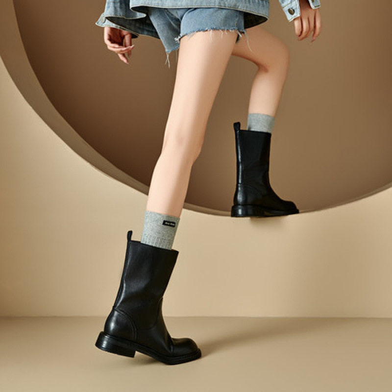 复古粗跟圆头骑士靴女真皮一脚蹬西部牛仔靴短靴宽松中筒靴马丁靴,淘宝优惠券,粉丝福利购,淘宝优惠卷