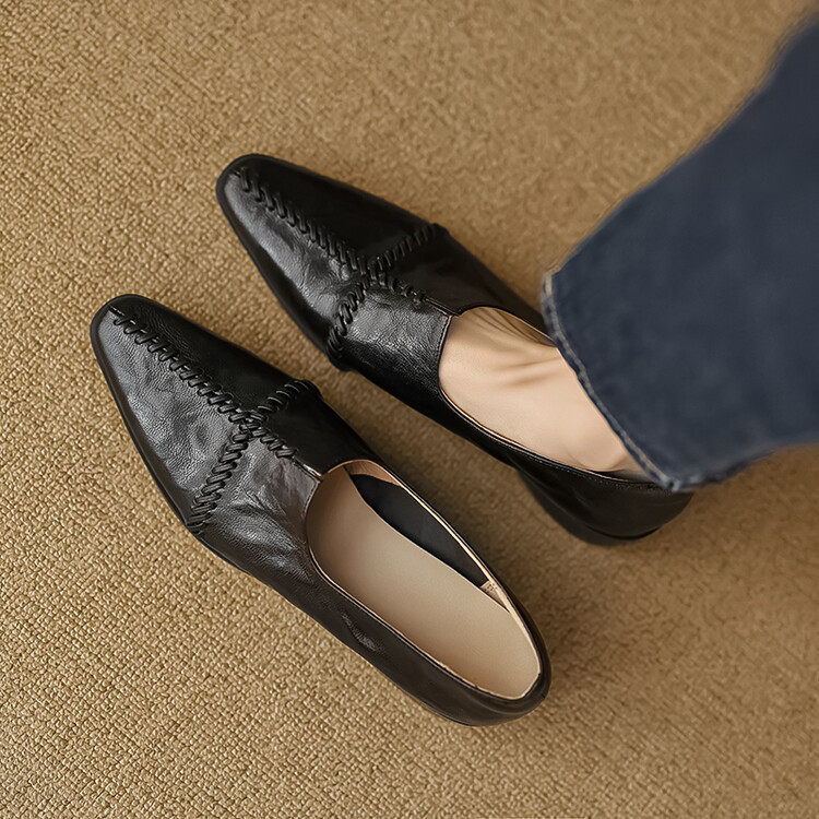 法式复古小方头粗跟单鞋女中跟2024春秋懒人乐福鞋羊皮深口小皮鞋,淘宝优惠券,粉丝福利购,淘宝优惠卷