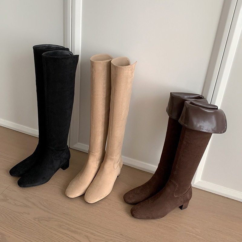 韩版翻折两穿粗跟过膝靴高筒麂皮绒面粗跟长靴子小个子显高瘦瘦靴,淘宝优惠券,粉丝福利购,淘宝优惠卷