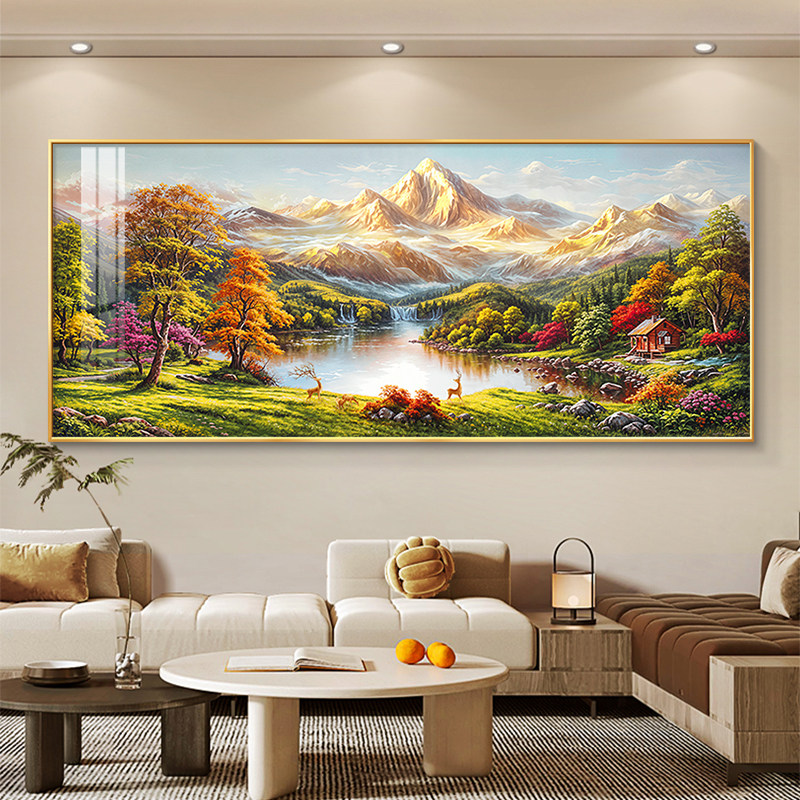 山水画客厅挂画聚宝盆沙发背景墙装饰画手绘油画风景壁画高档大气