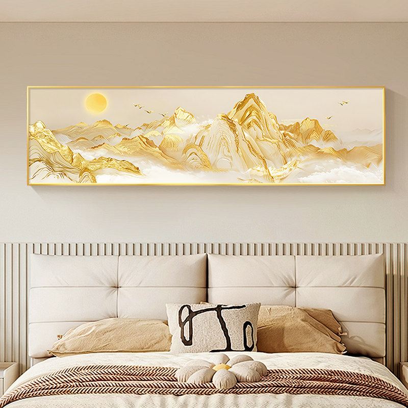 日照金山卧室床头装饰画轻奢高级感客厅聚财挂画茶室主卧简约壁画