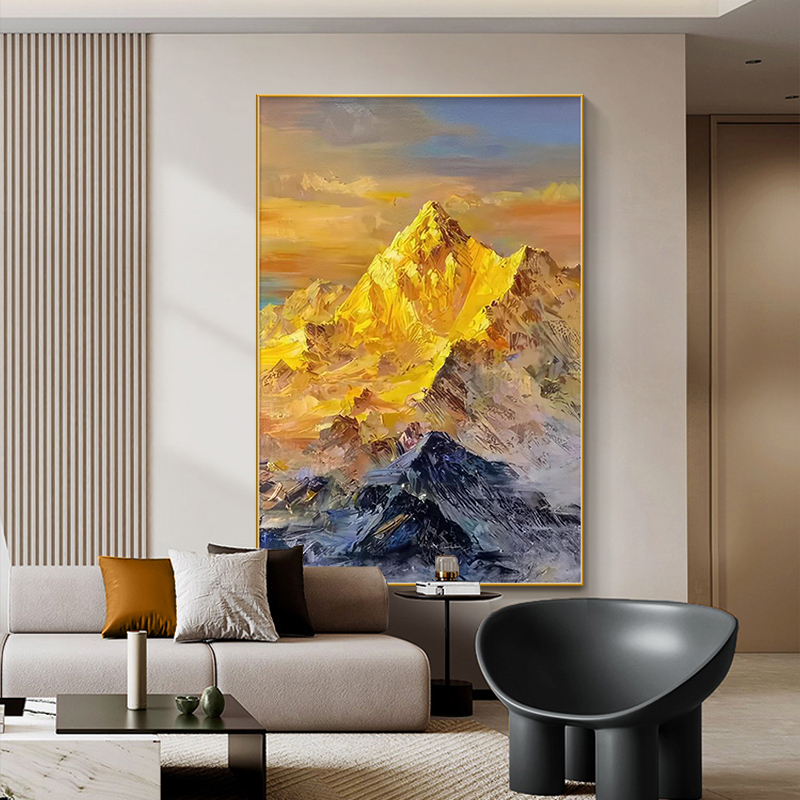 日照金山玄关装饰画大芬村手绘油画客厅挂画高级感入户正对门壁画