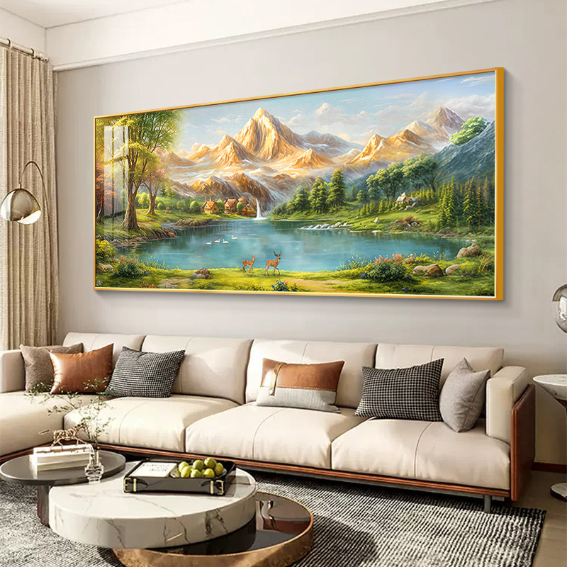 山水画客厅挂画聚宝盆沙发背景墙装饰画手绘油画风景壁画高档大气
