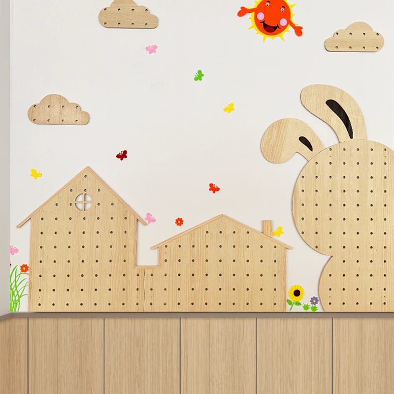 Kindergarten school classroom environmentally friendly floor-to-ceiling hole board custom-made solid wood cartoon shelf style wall storage partition