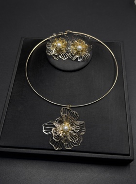 新款欧美花朵吊坠优雅气质花朵耳钉女首饰套装时尚项链个性R22608